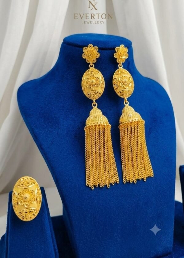 Gold Plated Long Chain Tassel Jhumka Earrings