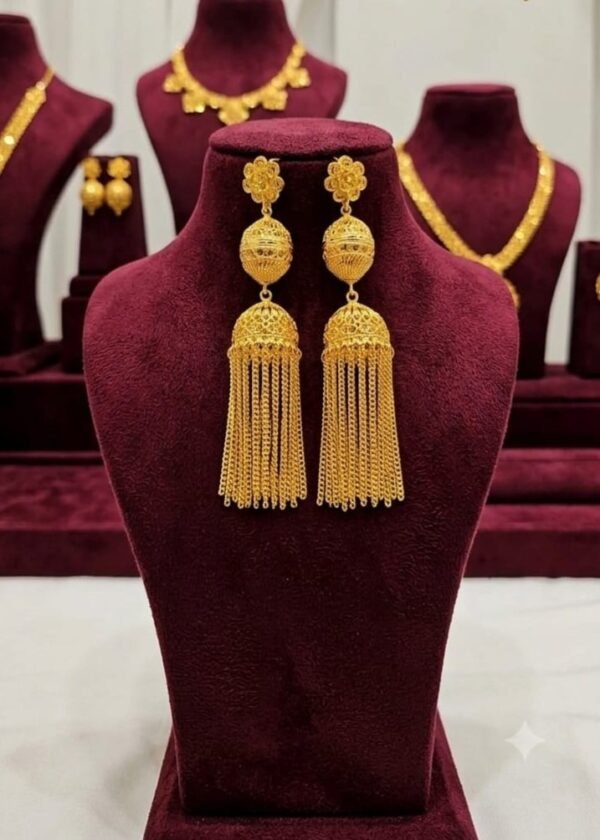 Gold Plated Long Chain Tassel Jhumka Earrings for Women