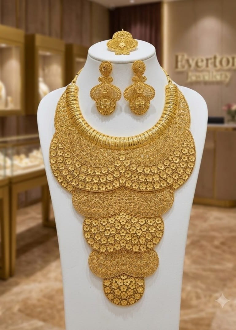 22K Gold Plated Heavy Tiered Floral Filigree Bridal Set
